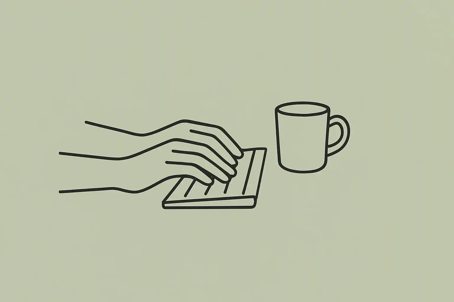 Mains sur un clavier à côté d'une tasse de café, illustration au trait noir sur fond sauge
