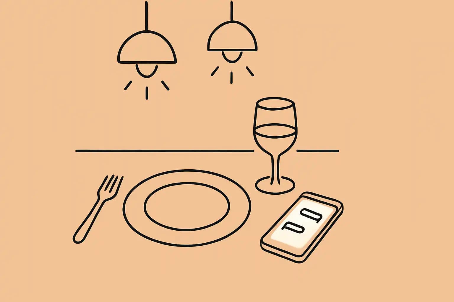 A restaurant table set for one with a phone showing an AI conversation nearby
