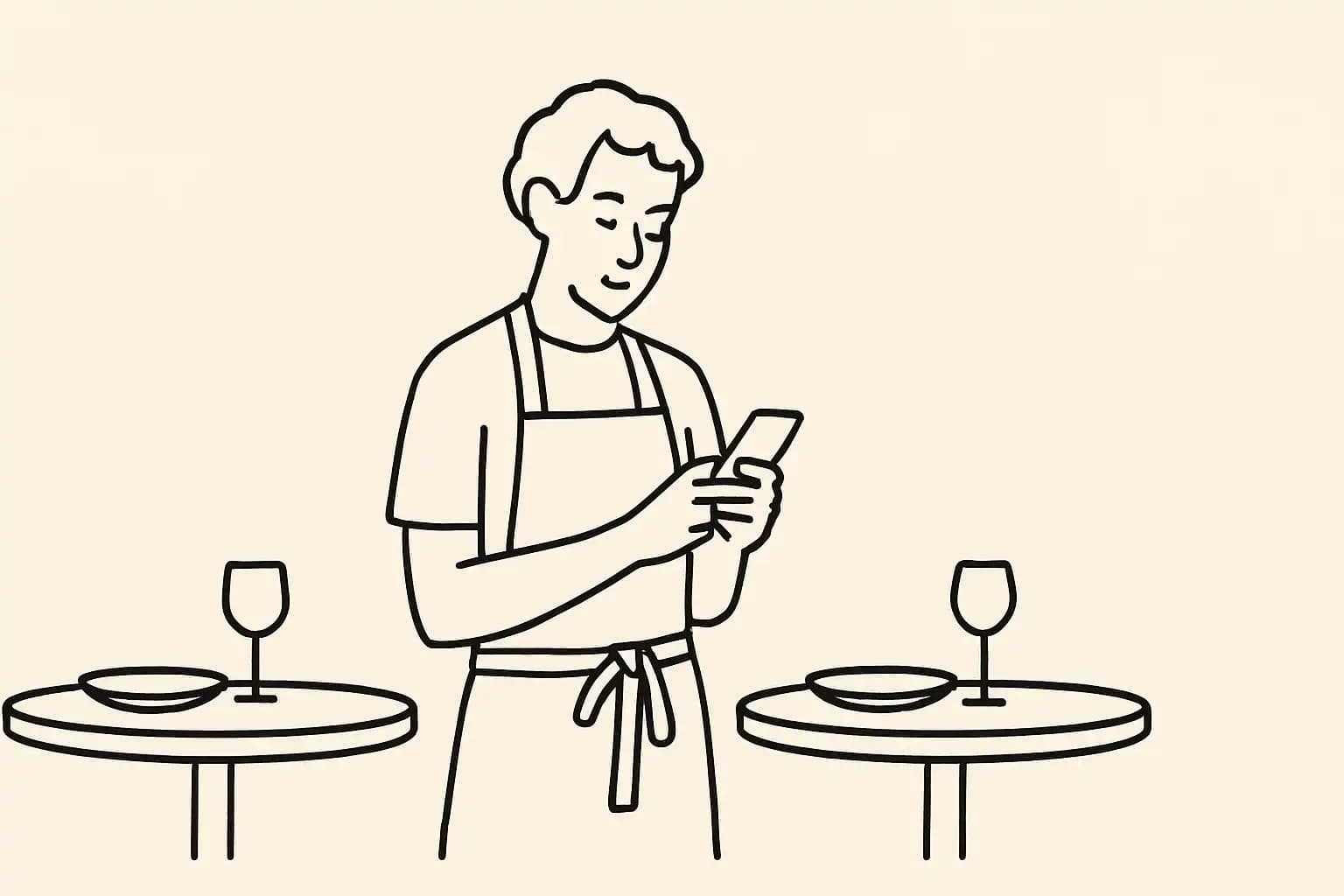 Independent restaurant operator checking phone between service, warm natural light