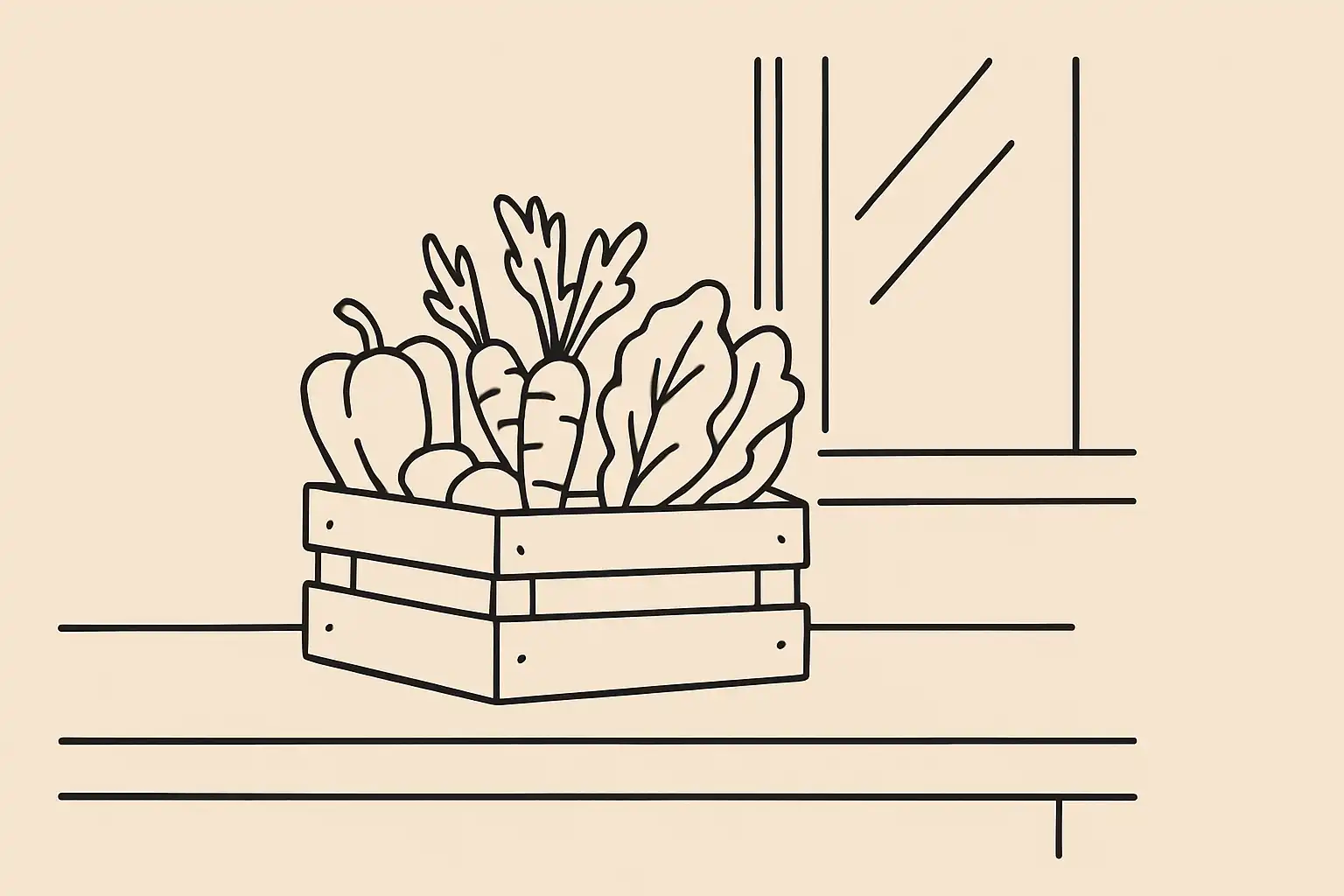 Caisse de légumes locaux sur un comptoir de restaurant indépendant au Québec