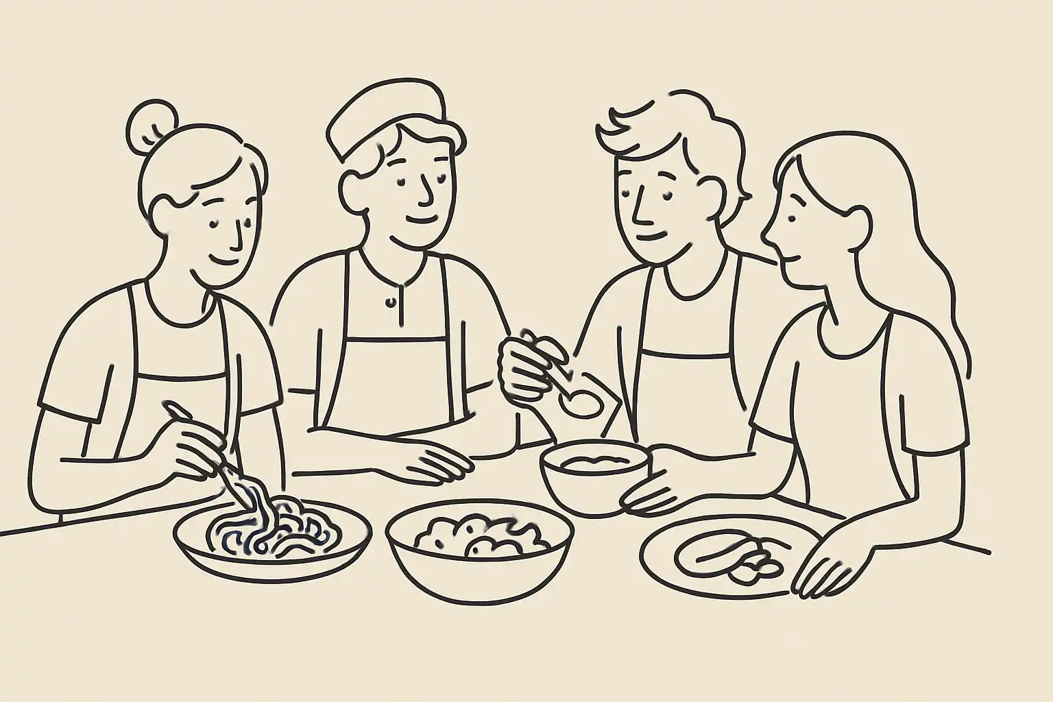 Équipe de restaurant partageant un repas de service dans une cuisine, moment de pause avant le rush