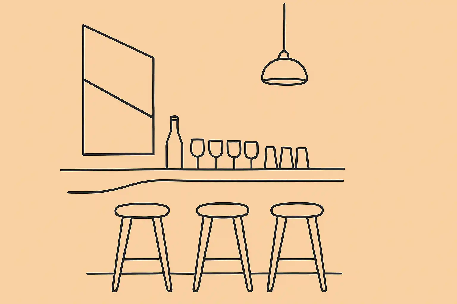 Independent restaurant bar counter with glassware and bottles in warm afternoon light