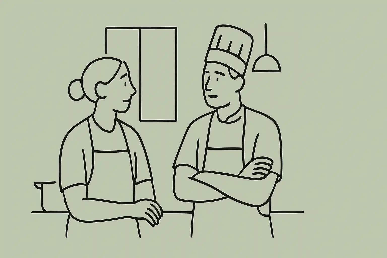 Restaurant team members having a private conversation in a well-lit kitchen