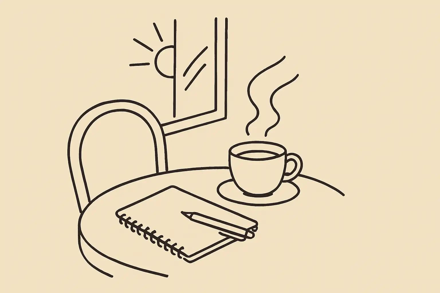 Restaurant table with notebook and coffee in early morning light before service