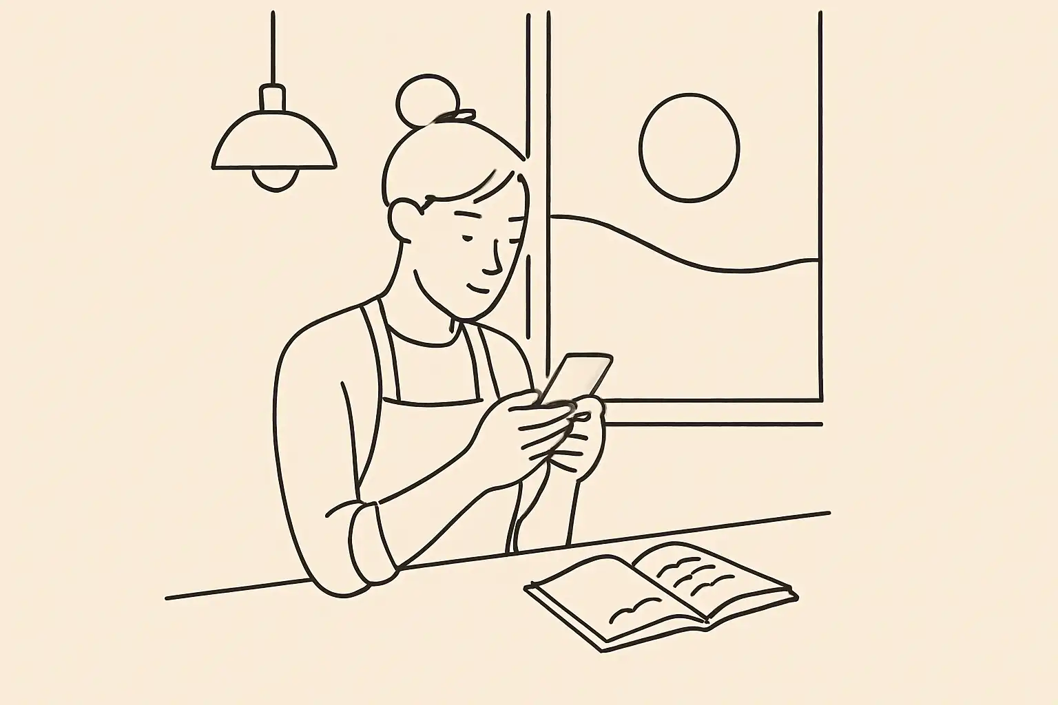 Propriétaire de restaurant qui écrit une publication sur son cellulaire avant le service
