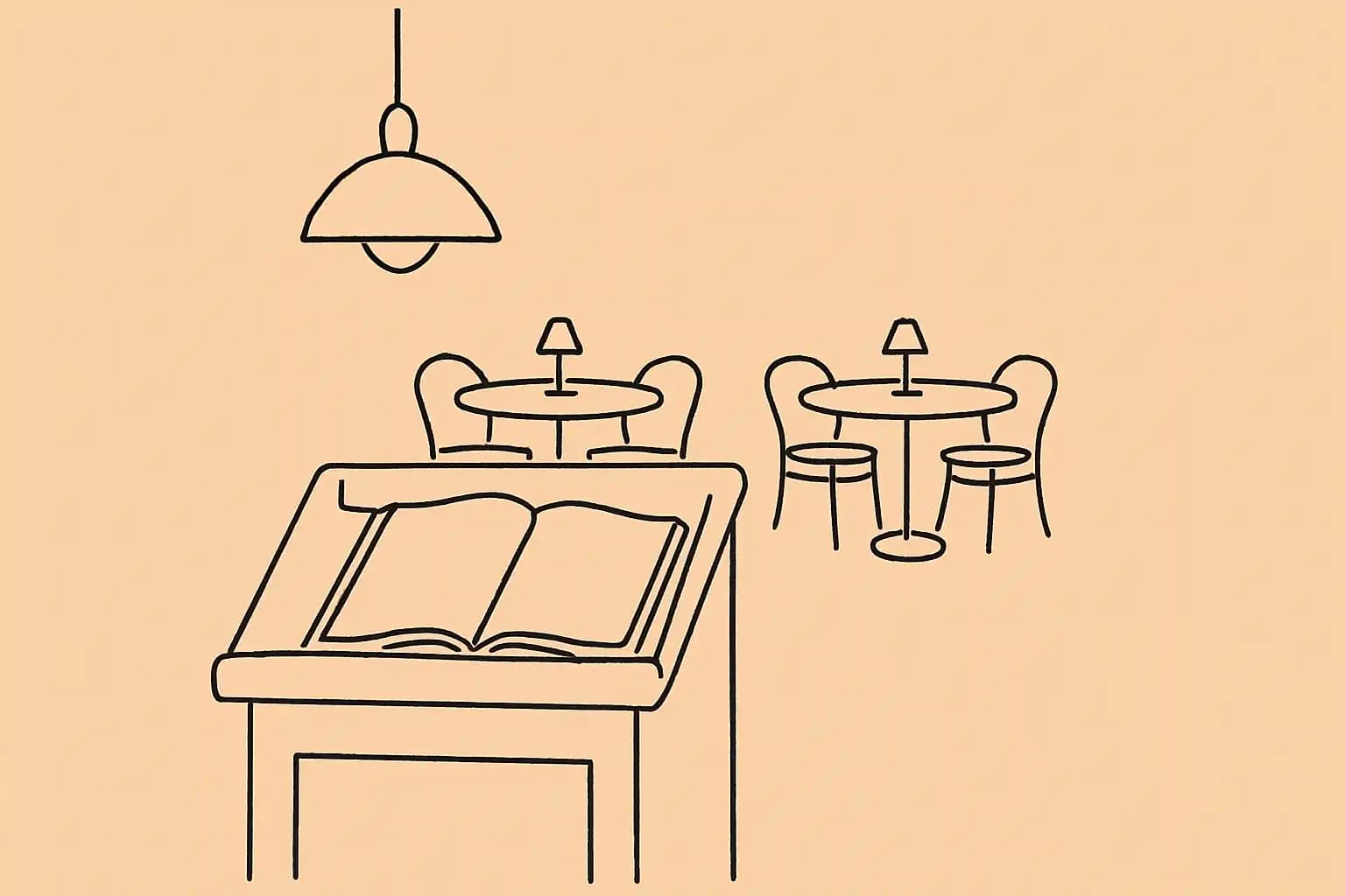 A restaurant host stand at the start of evening service with empty tables in warm light