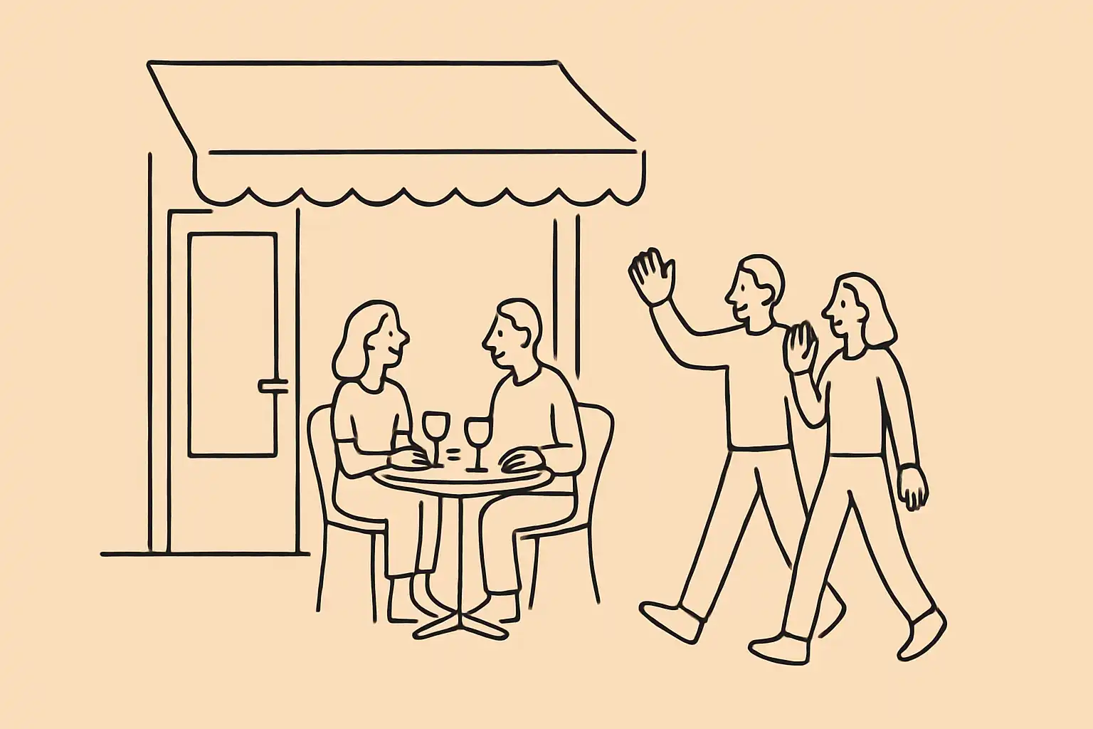 Terrasse de restaurant indépendant animée dans un quartier résidentiel