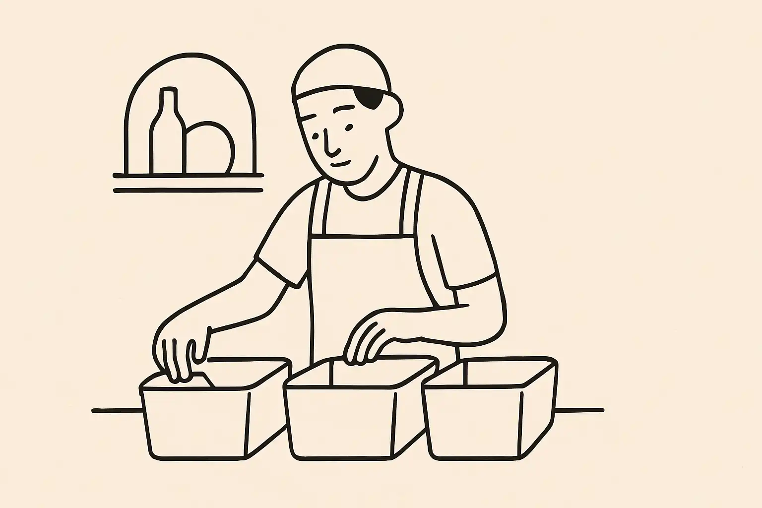 Restaurant staff member sorting waste into bins behind the counter