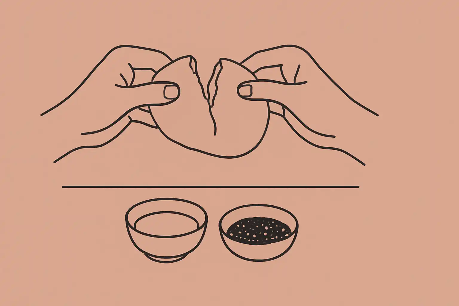 Two hands breaking bread over a table with olive oil and za'atar at a Palestinian restaurant in Toronto