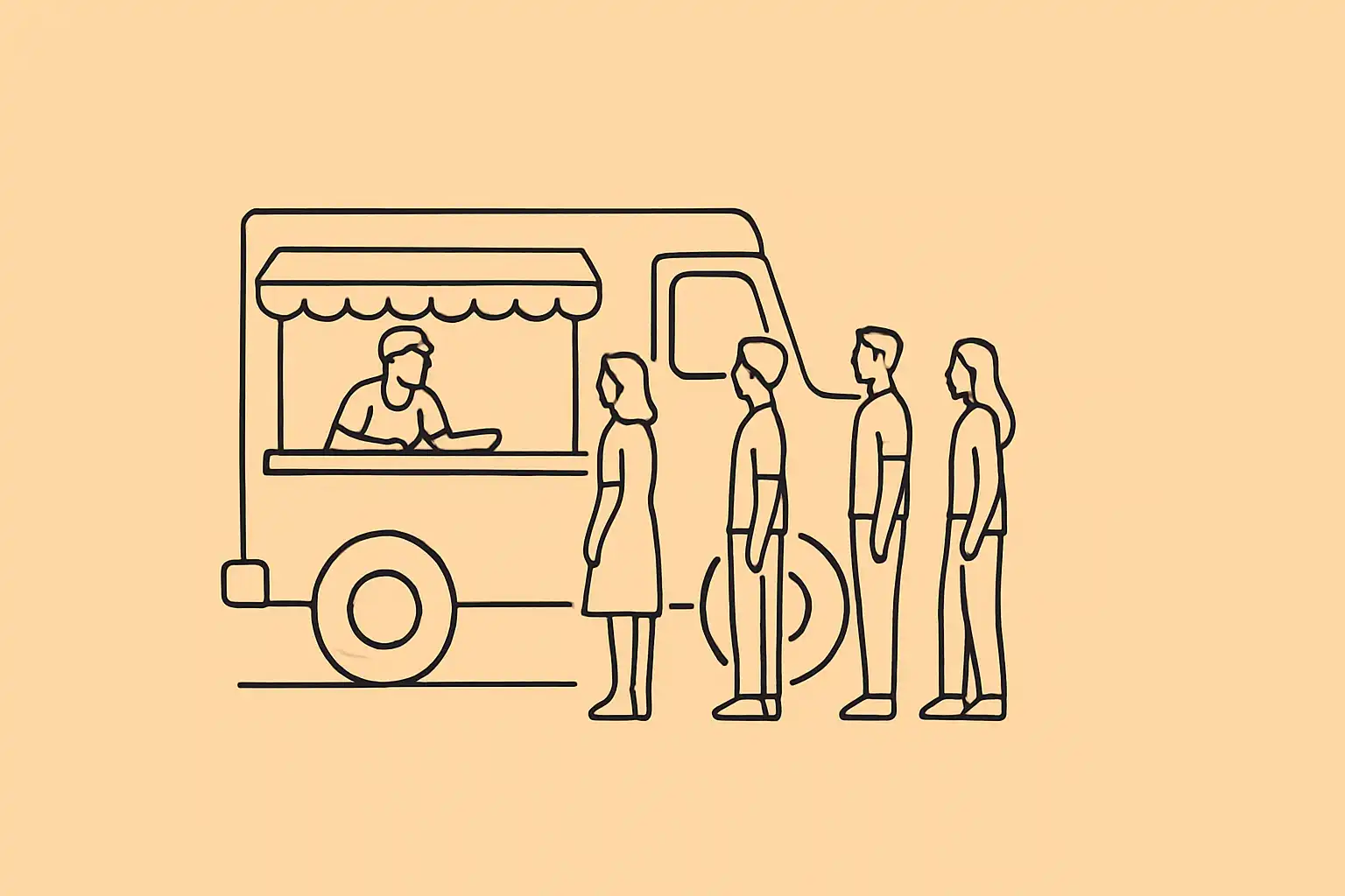 A food truck serving window at dusk with warm light and a plate being handed to a customer