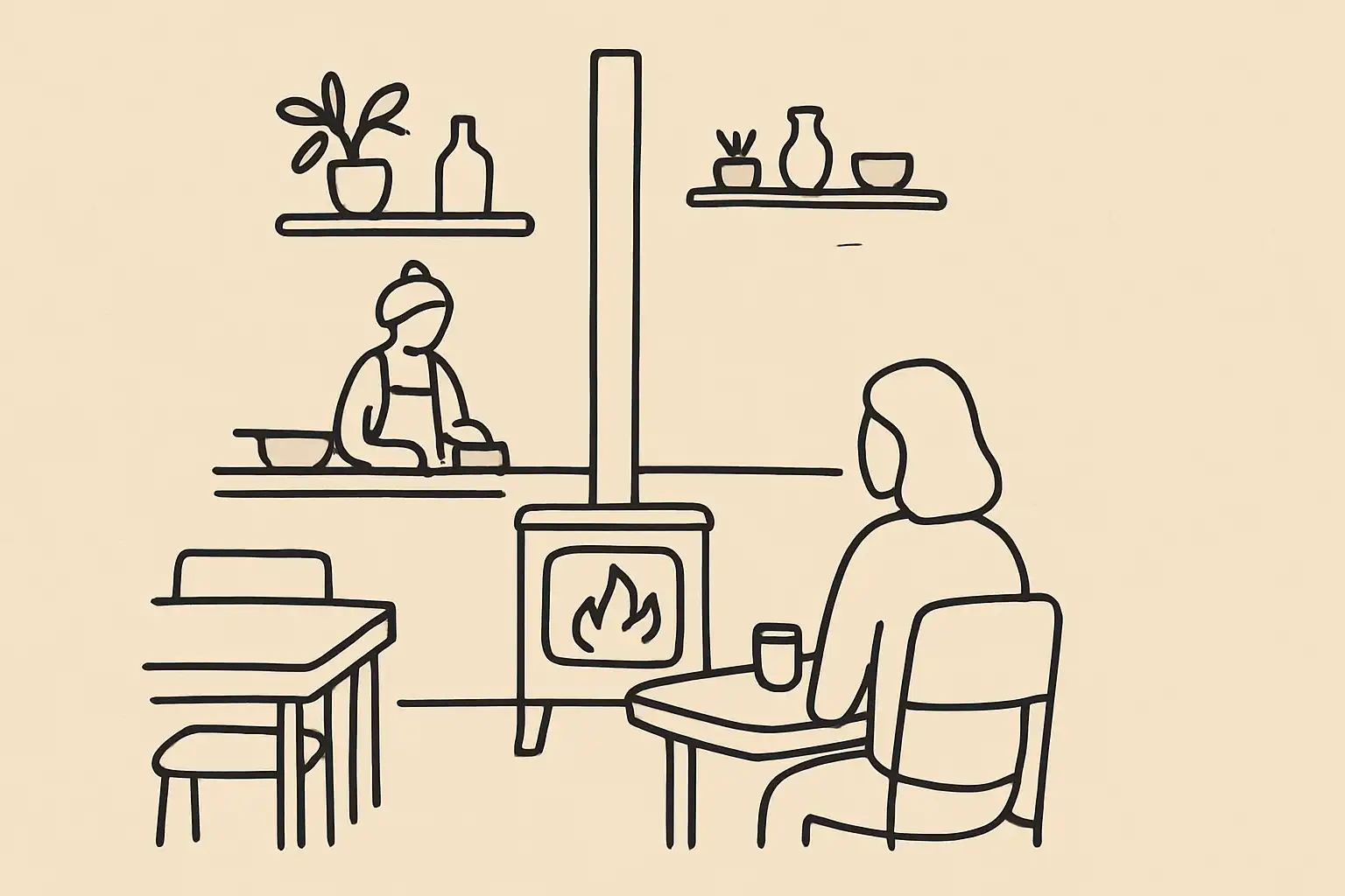 Cuisine ouverte d'un petit restaurant indépendant, atmosphère intime et chaleureuse