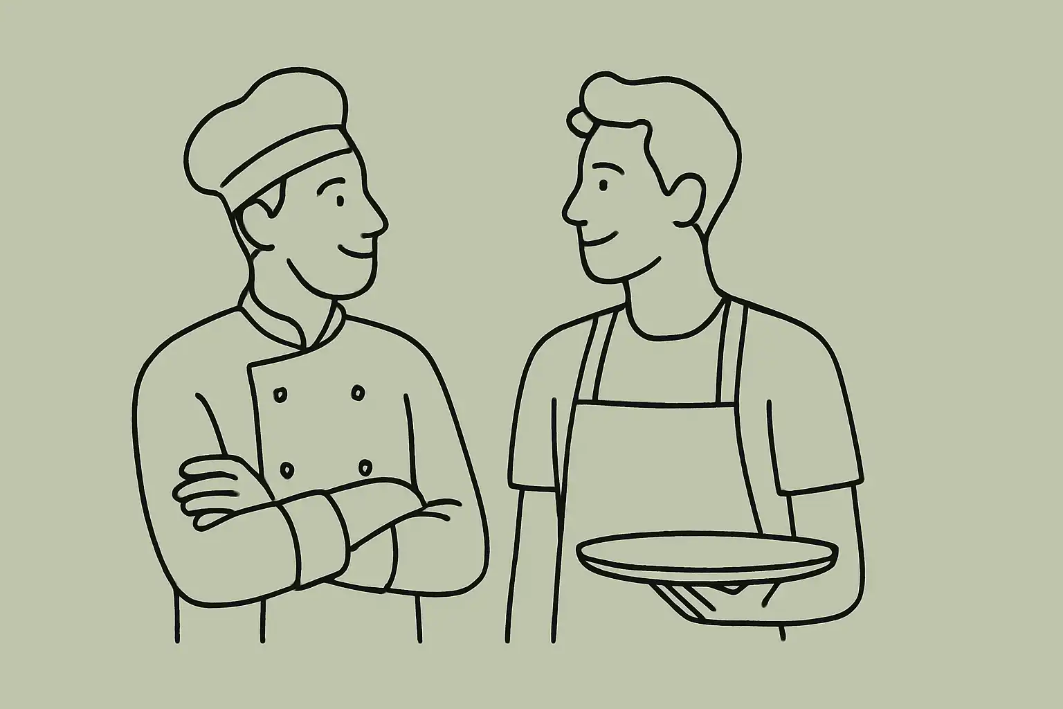 Cuisinier et serveur dans un moment de complicité pendant une pause entre deux services