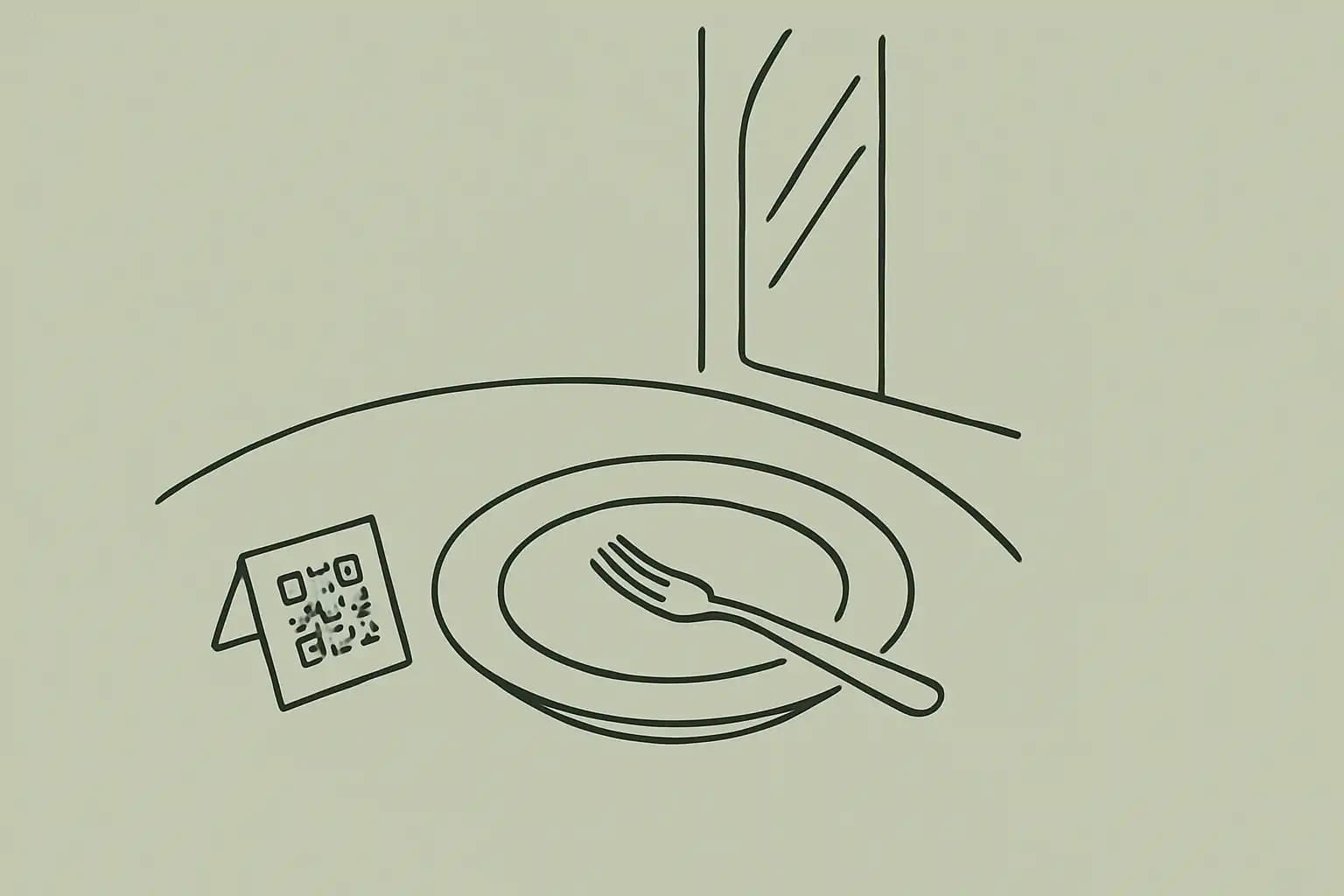 Small QR code table card next to a finished dinner plate in warm restaurant lighting