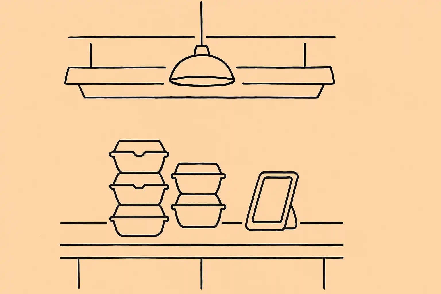 Empty commercial kitchen with delivery containers and order tablet