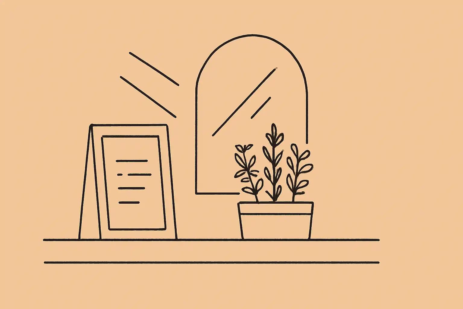 Fresh herbs growing beside a handwritten restaurant menu board