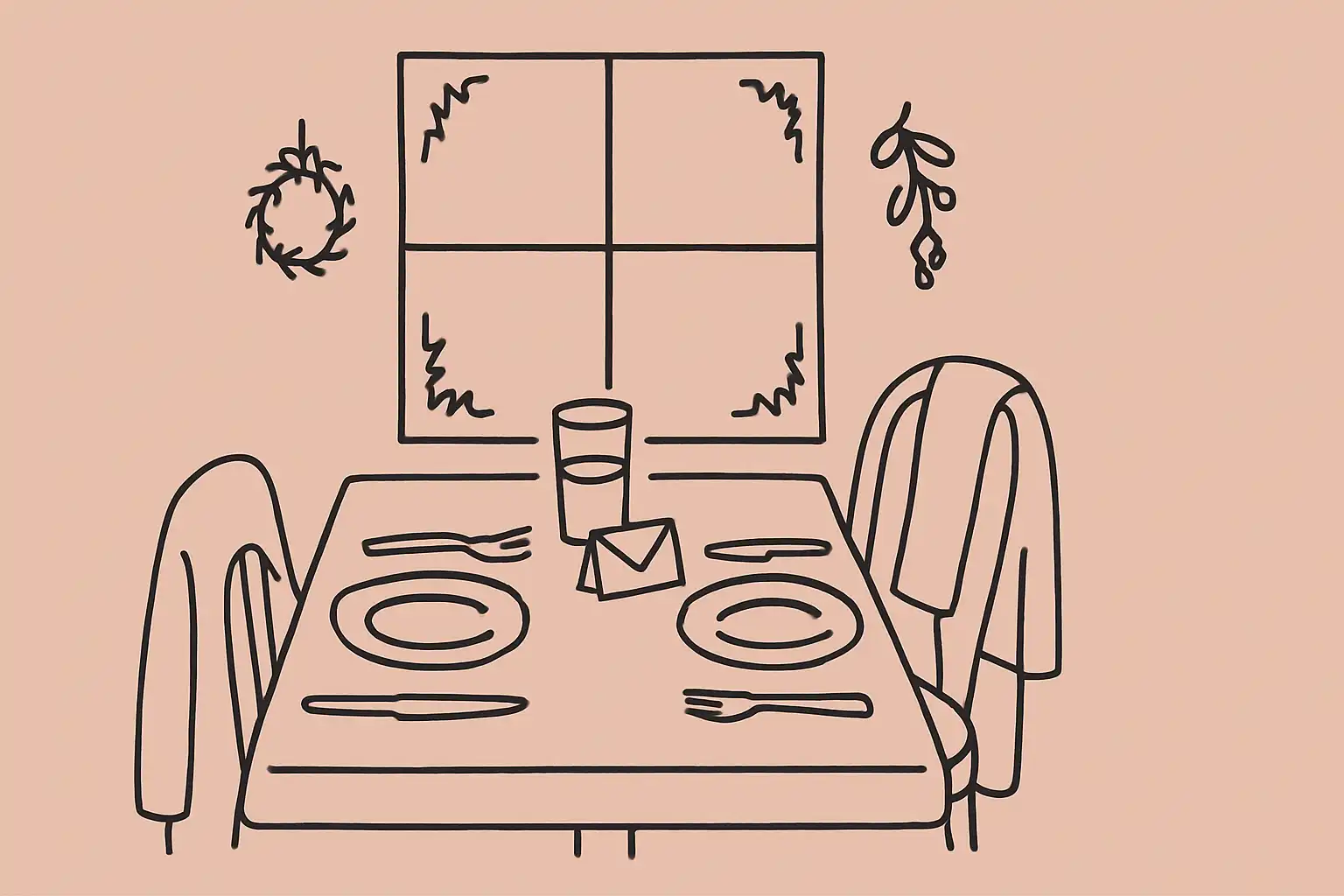 A small envelope resting against a glass on a table set for two by a winter window