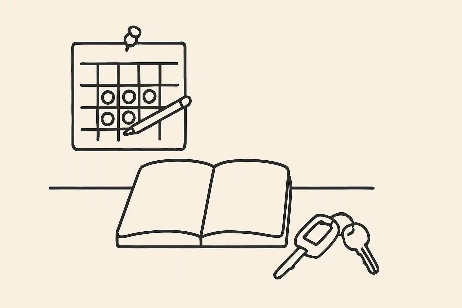 A wall calendar with circled dates beside a notebook and a set of truck keys on a table
