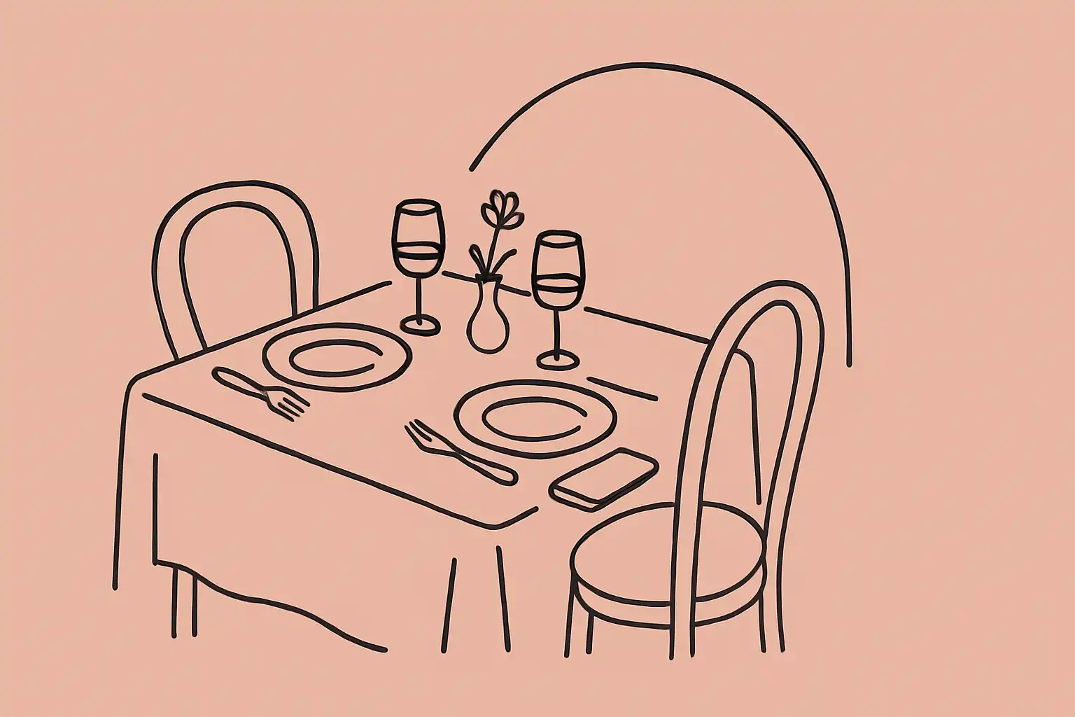 A warmly lit restaurant table set for two guests with a phone resting beside a plate
