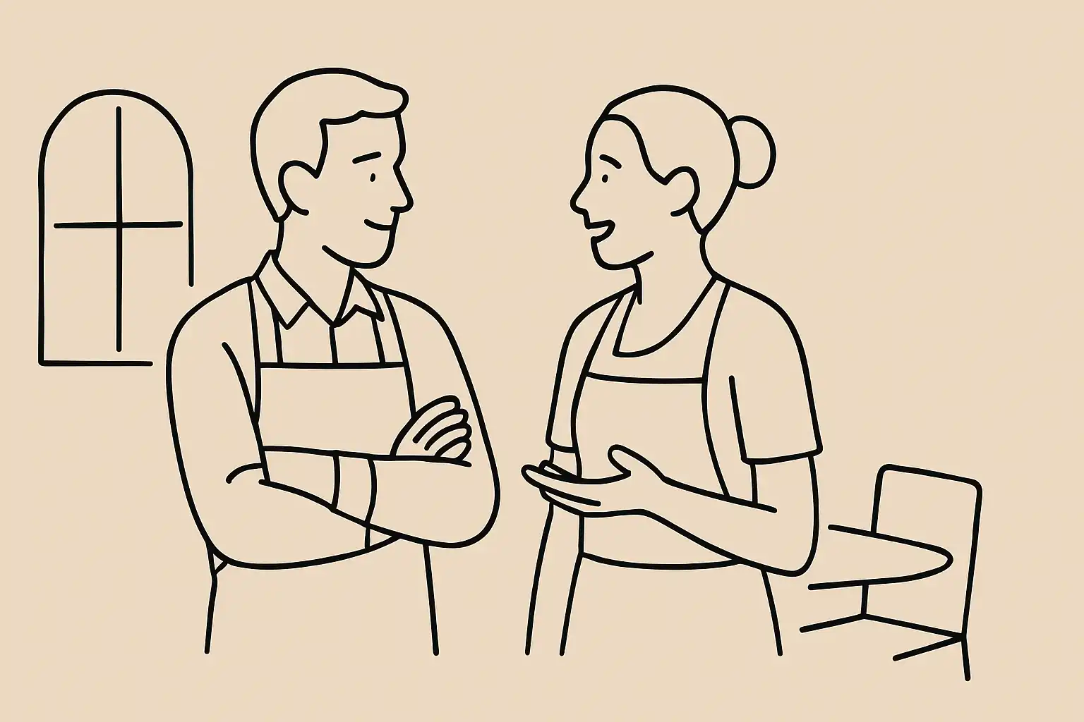 Nouvel employé de restaurant en conversation avec un collègue expérimenté pendant l'intégration