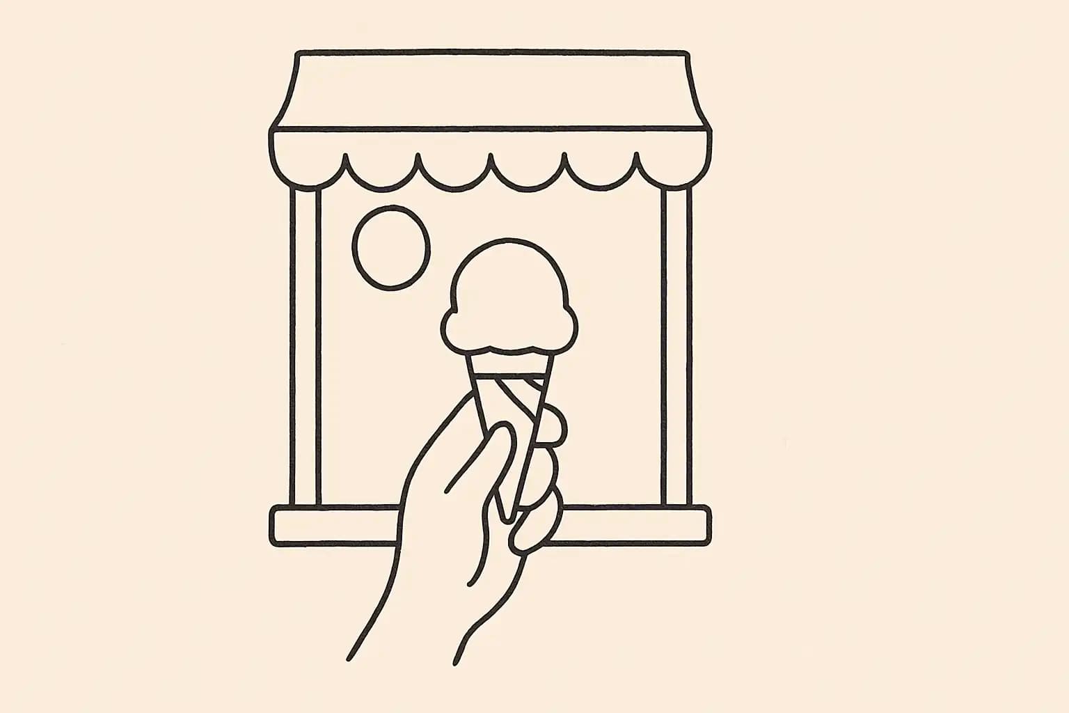 Hand holding an ice cream cone in front of a sunlit neighbourhood shop window