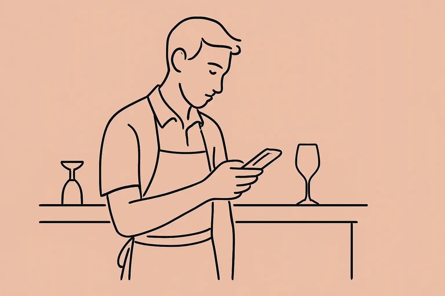 Serveur consultant son téléphone entre deux services dans un restaurant indépendant
