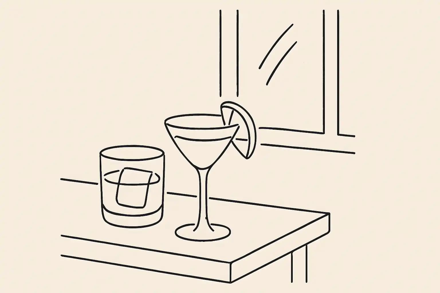 Two crafted non-alcoholic cocktails on a bar counter in natural light