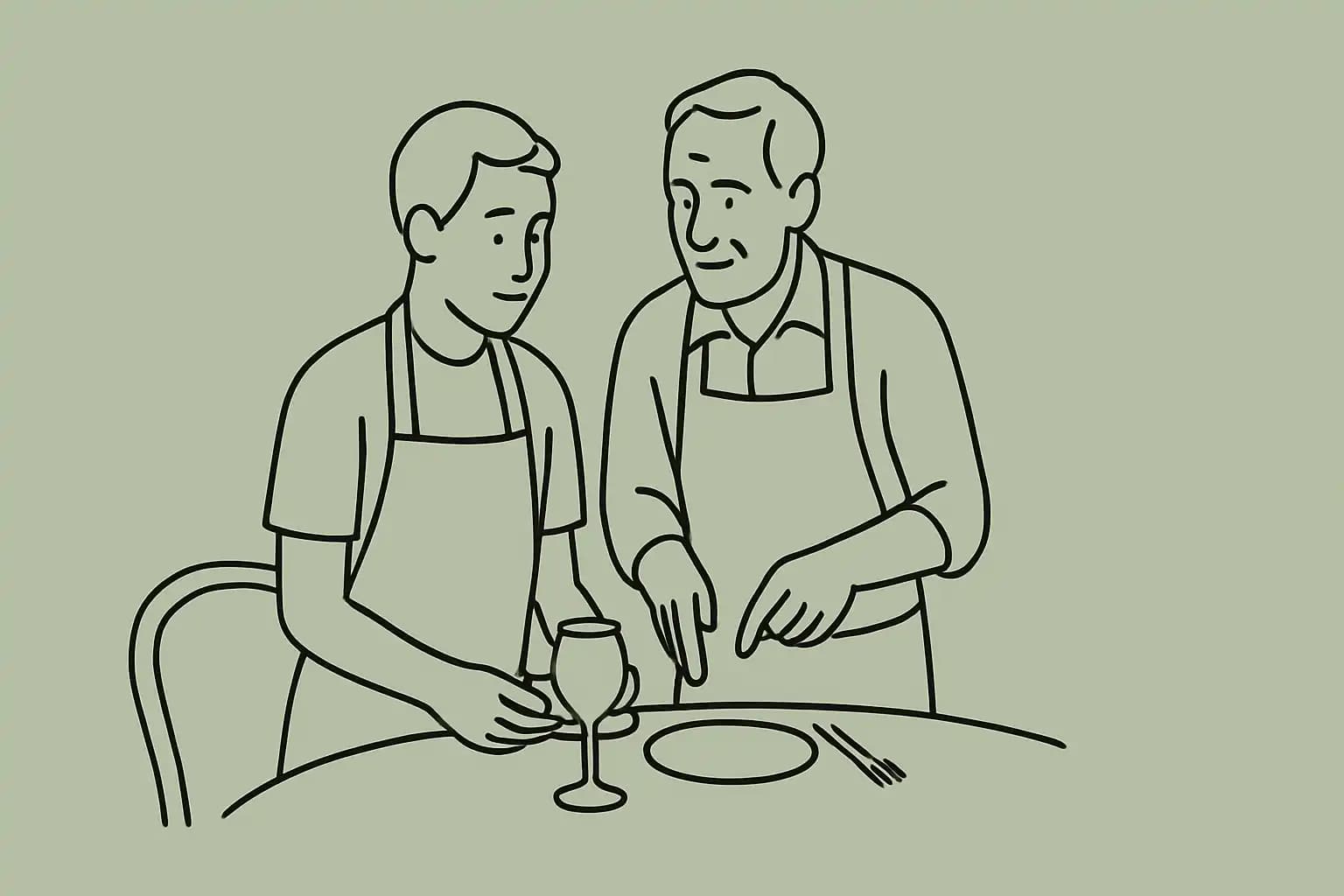 An experienced restaurant server showing a new colleague how to set a table before service begins