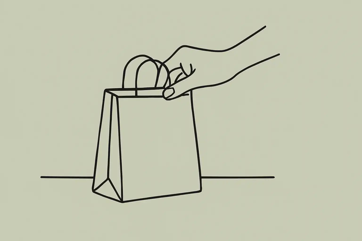 Hand placing a takeout bag on a restaurant counter beside a small plant