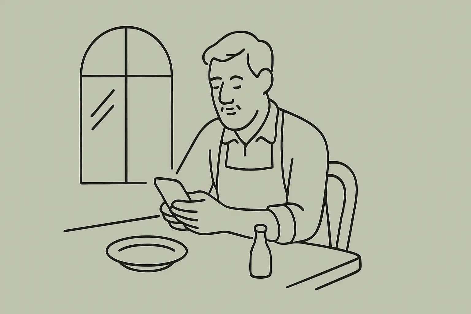 Restaurant owner checking phone at empty table before service opens