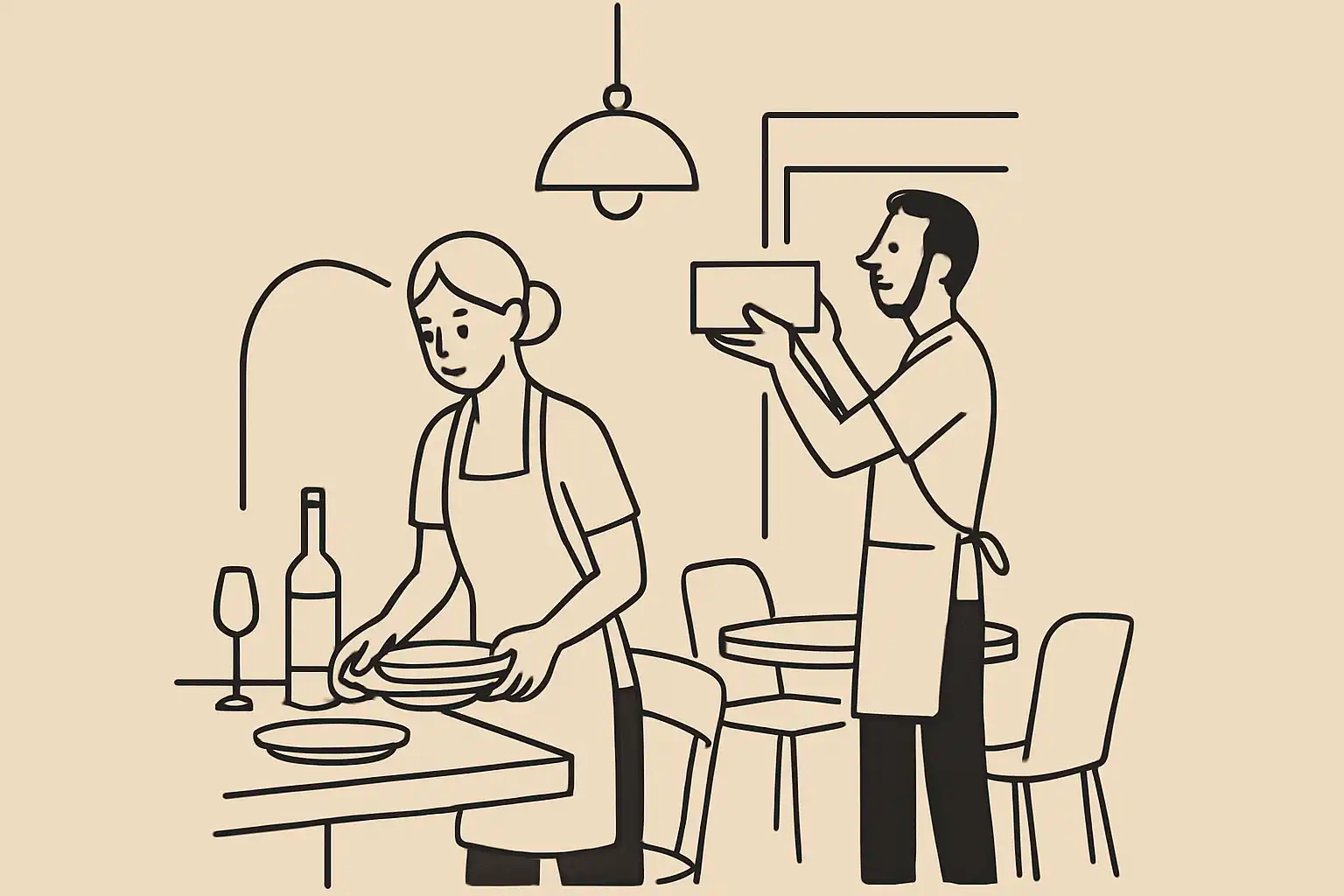 Deux employés de restaurant rangent la salle ensemble en fin de soirée