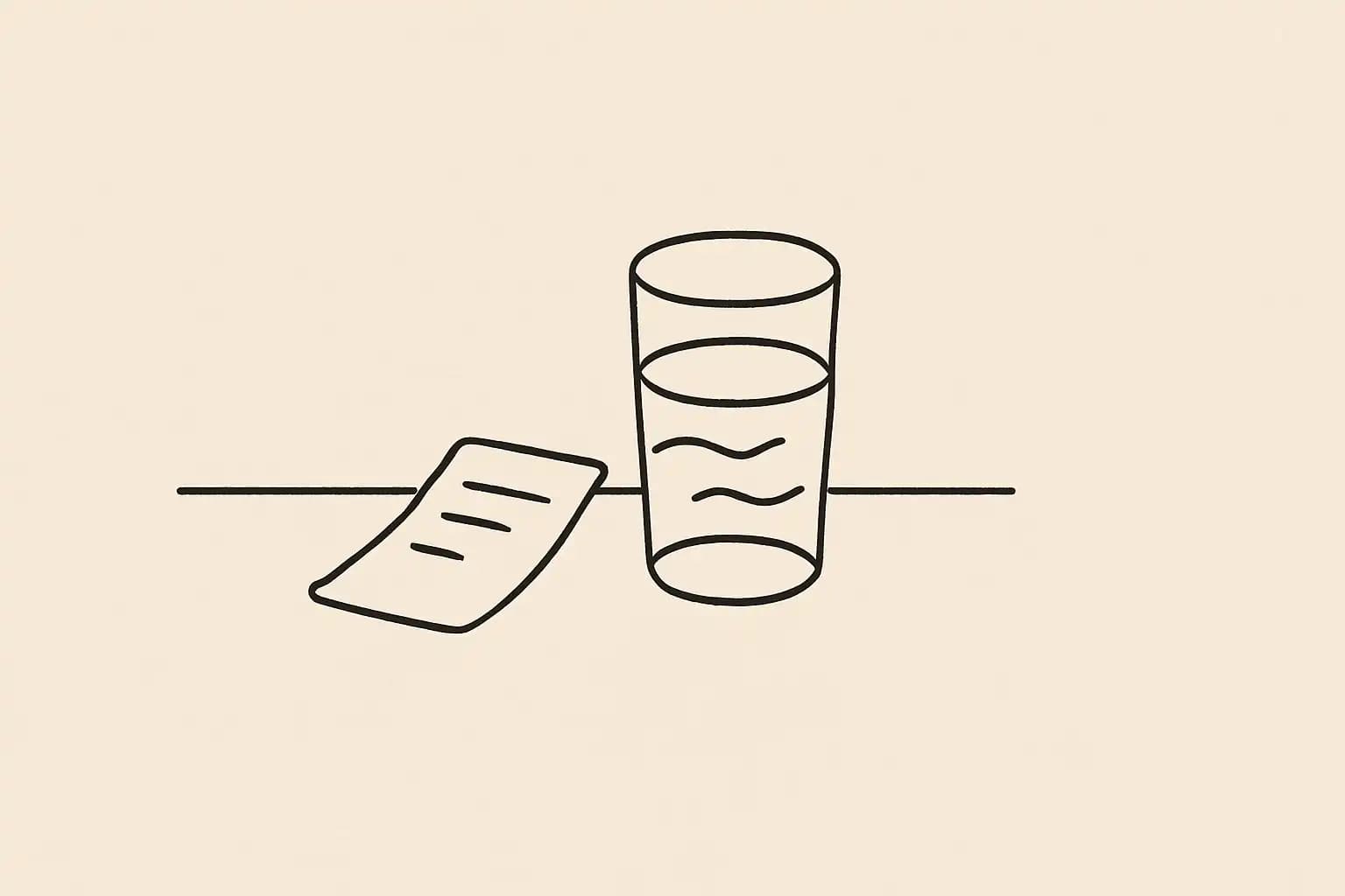 A restaurant counter with a receipt resting beside a water glass