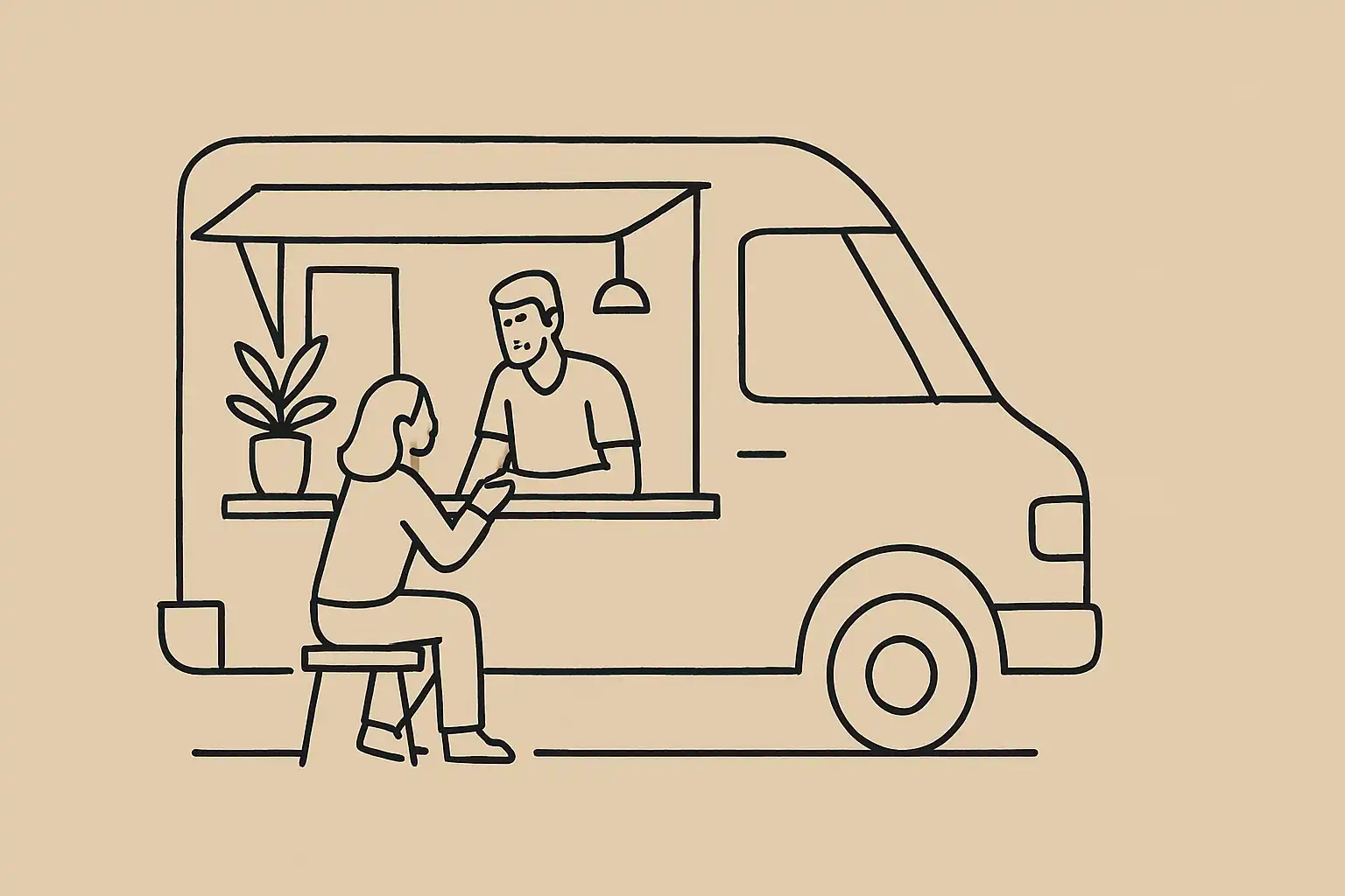 Comptoir de food truck avec préparation de nourriture, vue de l'intérieur du camion