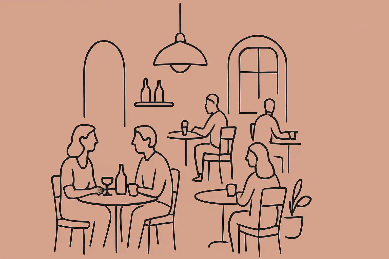 Salle de restaurant indépendant un soir de semaine avec quelques tables occupées