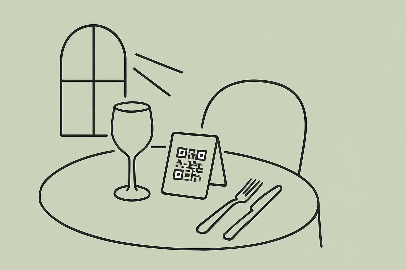 A restaurant table with a printed menu and a small QR code table tent beside a water glass