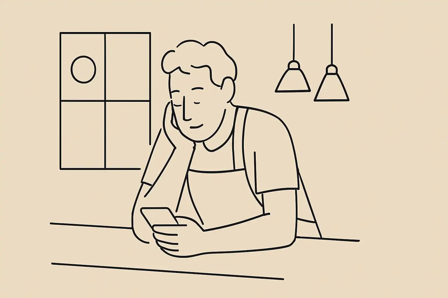 Restaurant owner checking reviews on phone during quiet morning moment