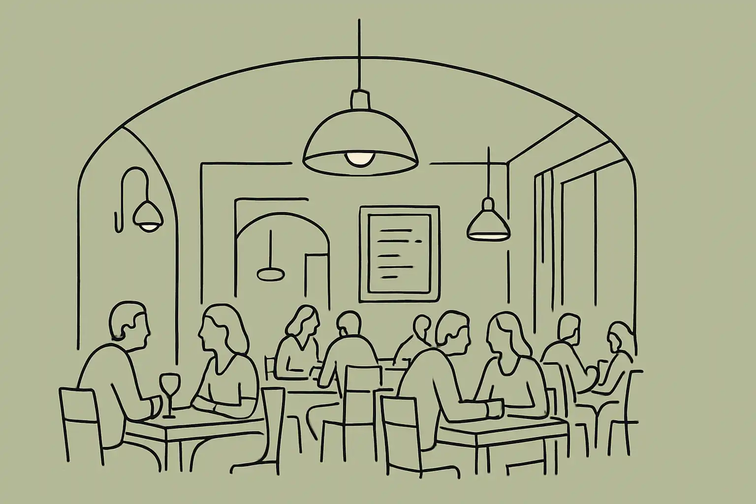 A warmly lit independent restaurant with occupied tables and a chalkboard special menu