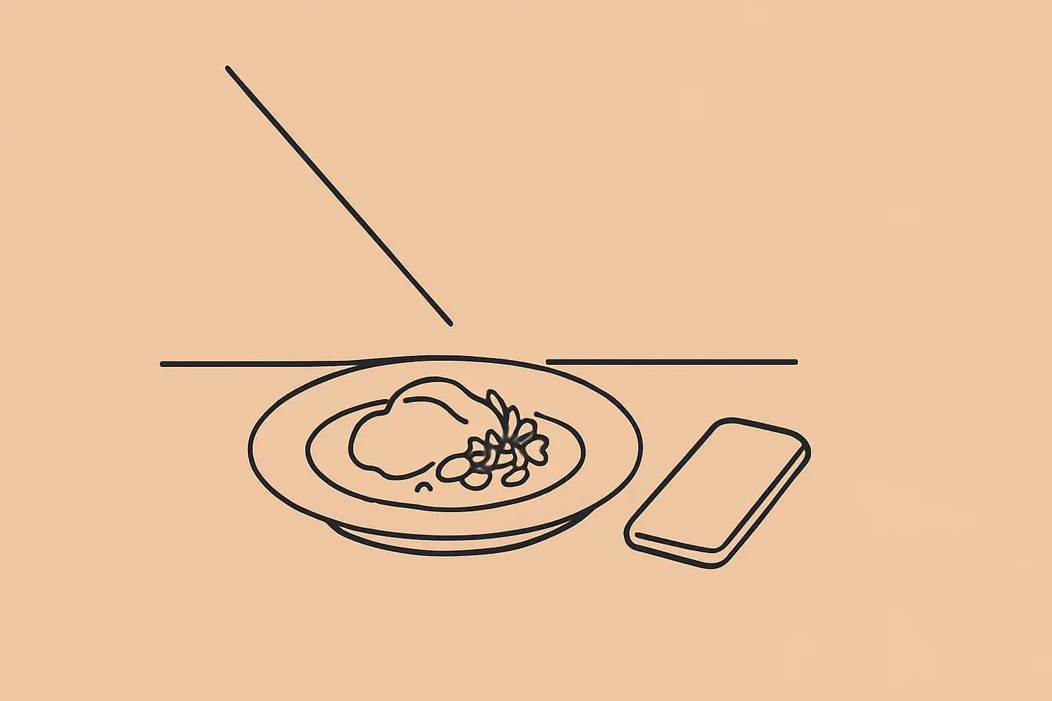 A plated dish on a restaurant table with a smartphone resting nearby, soft side light