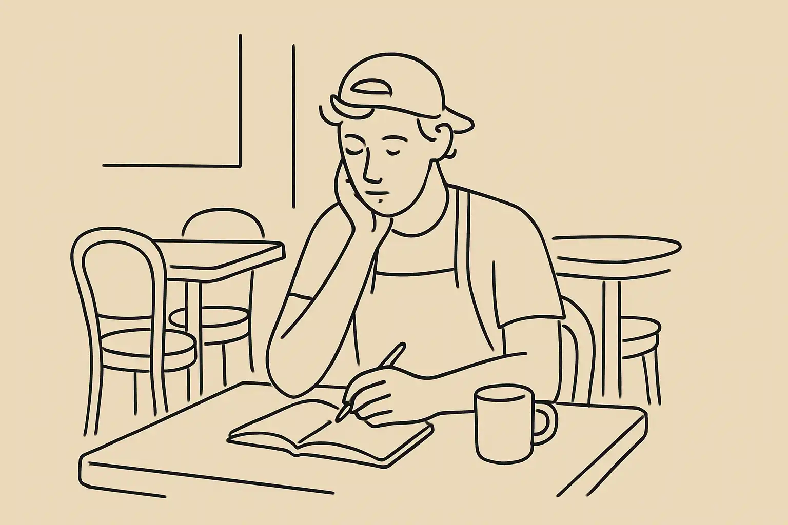 Independent restaurant owner reviewing numbers in a quiet dining room before the morning rush