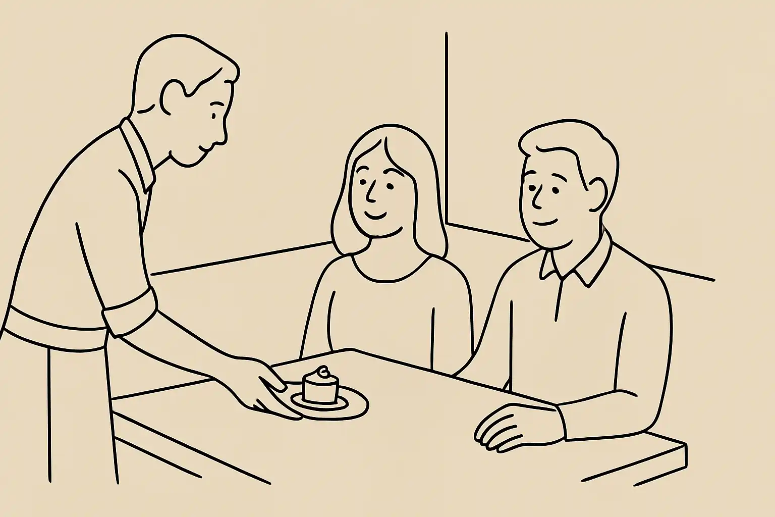A server bringing a complimentary dessert to a couple at their usual table