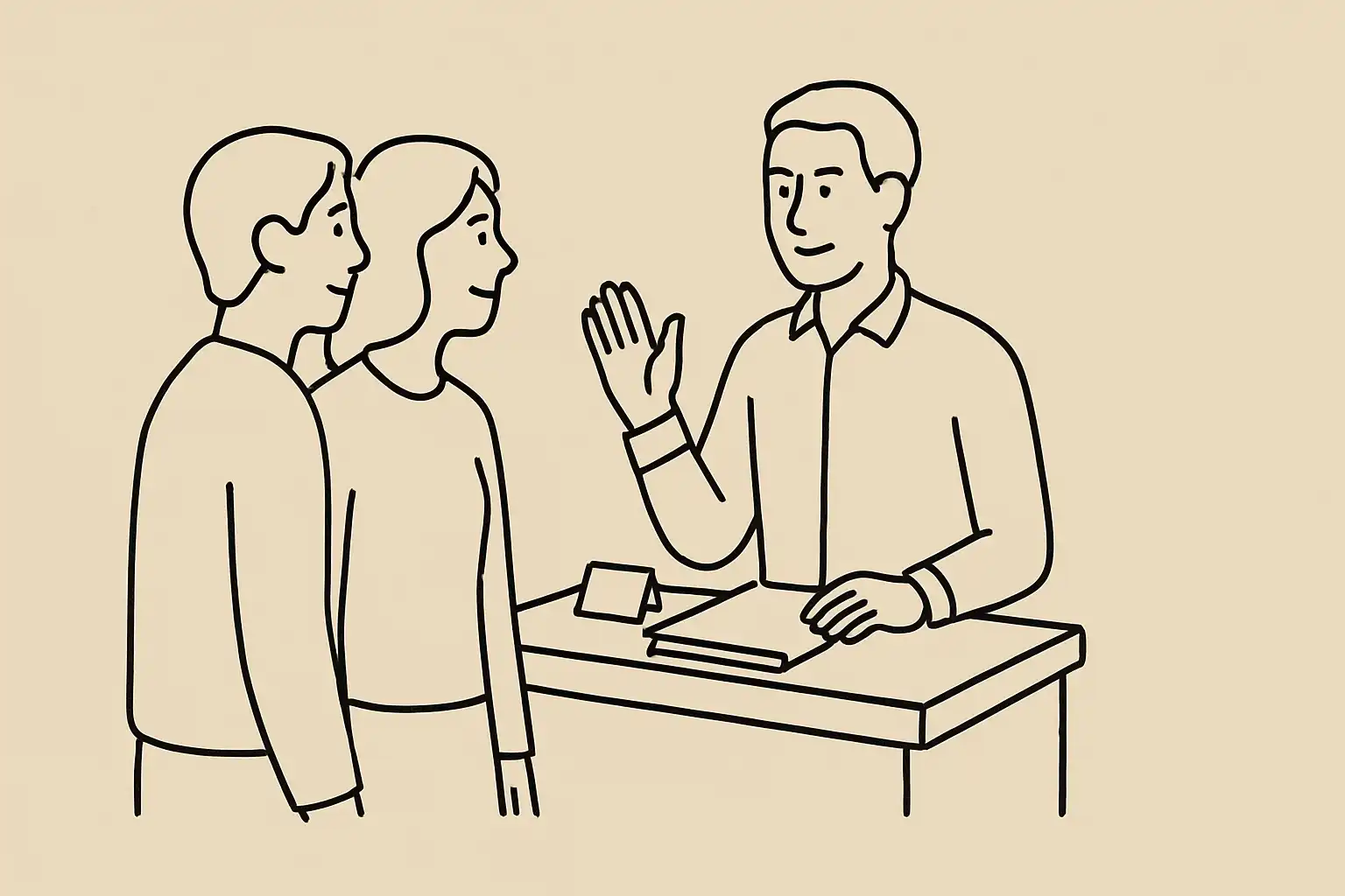 A host greeting two returning guests at the front of a small restaurant