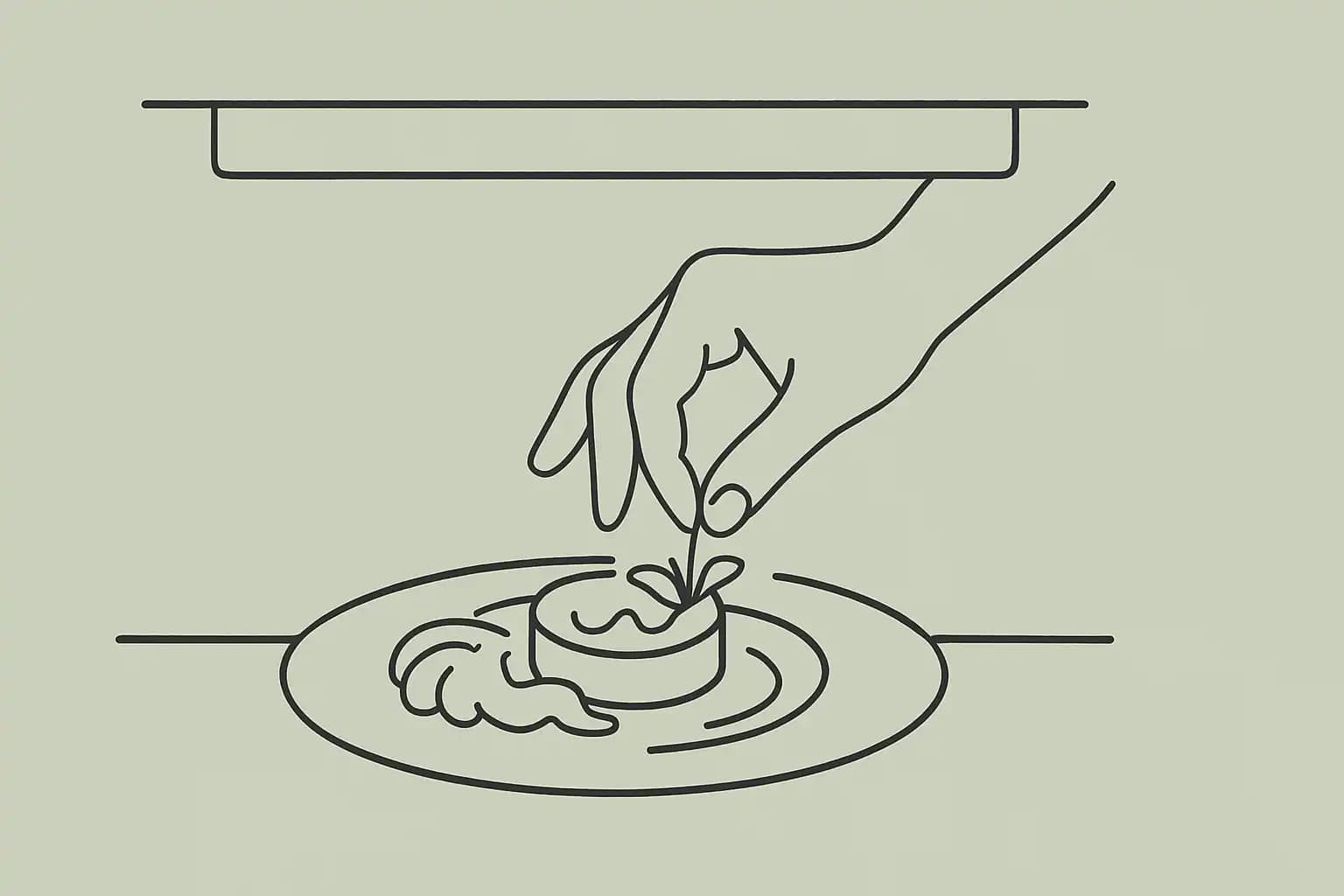 A cook's hand adjusting one element of a plated dish on the pass