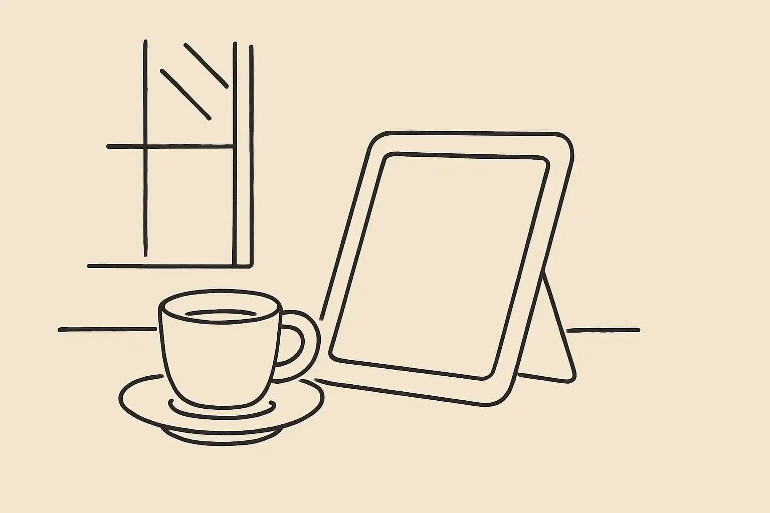 Independent restaurant counter with tablet and coffee cup in morning light
