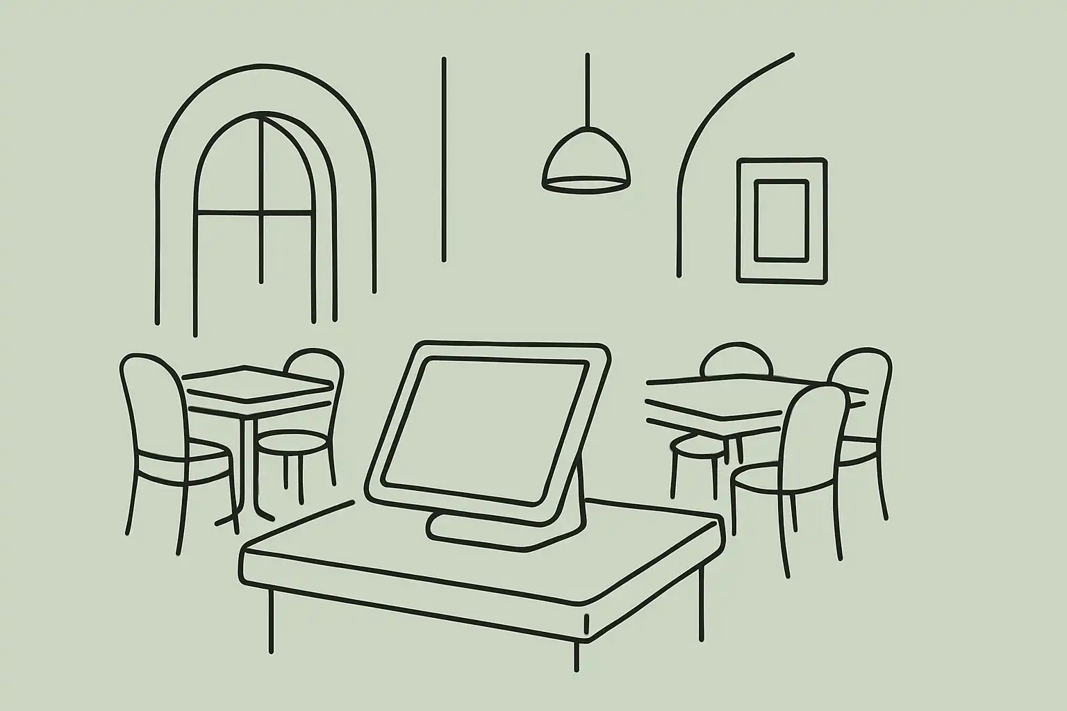 Restaurant host stand with a single tablet, quiet afternoon light