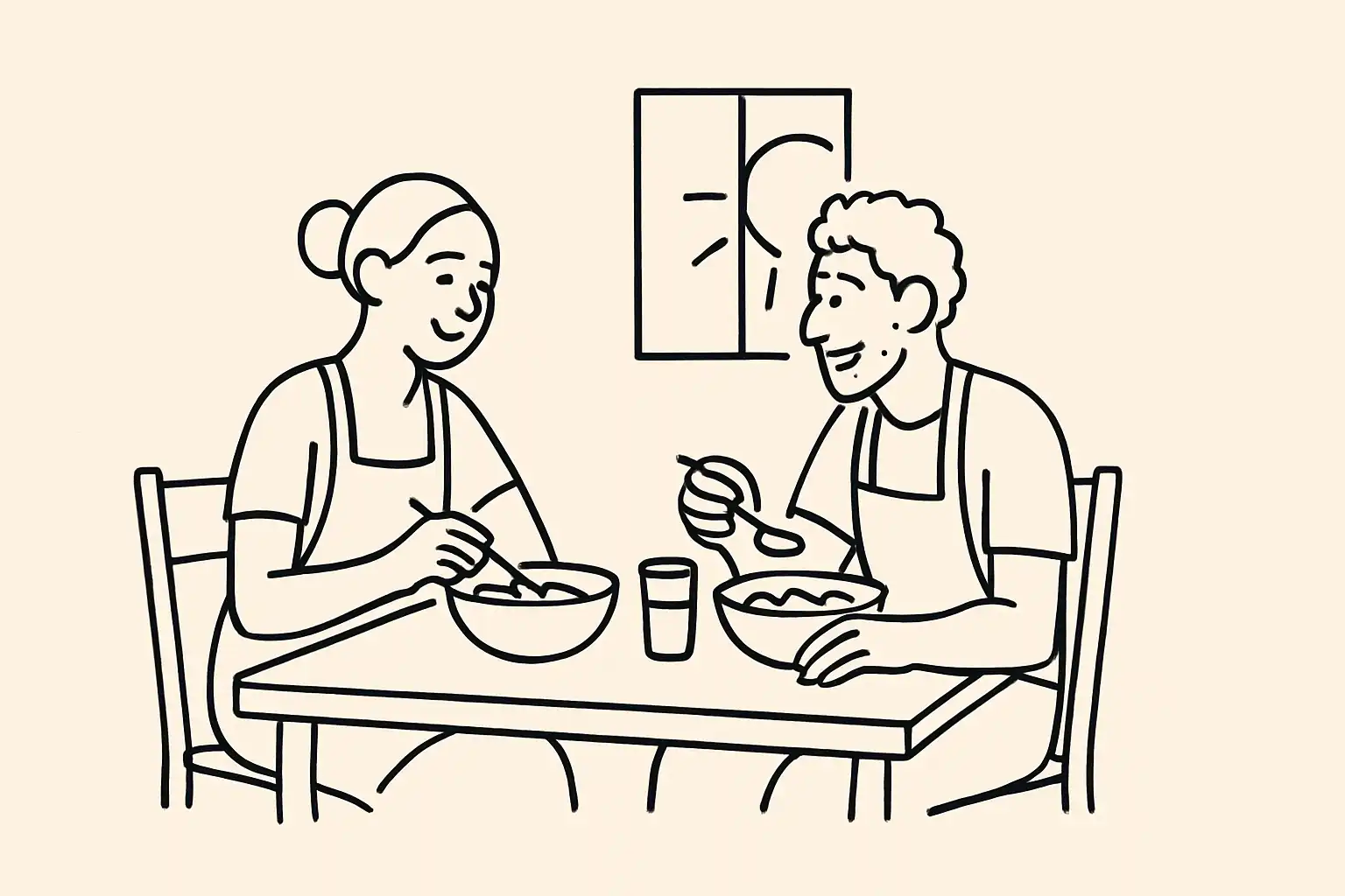Two restaurant staff members sharing a meal between shifts at a back table