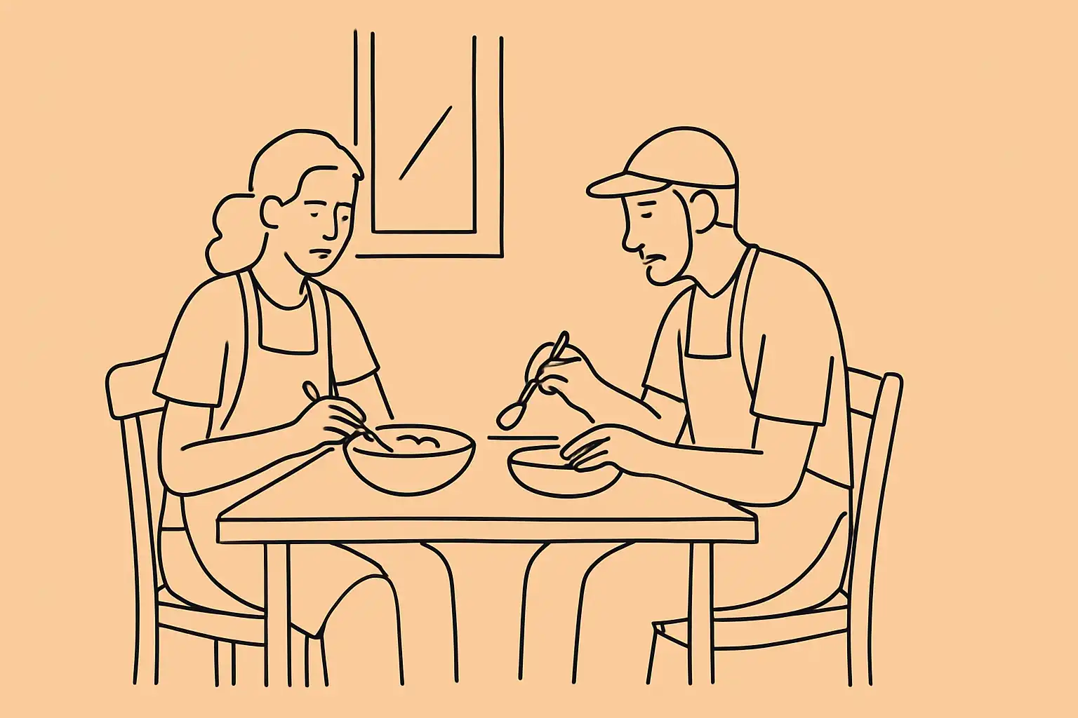 Two restaurant staff members sharing a meal between shifts at a back table