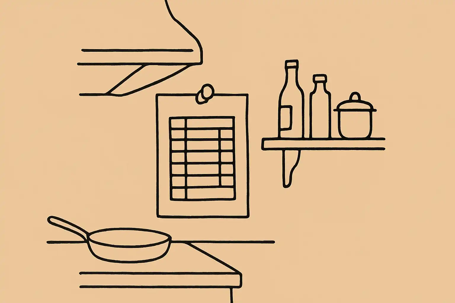 A small restaurant kitchen ready for service with prep stations and a schedule on the wall