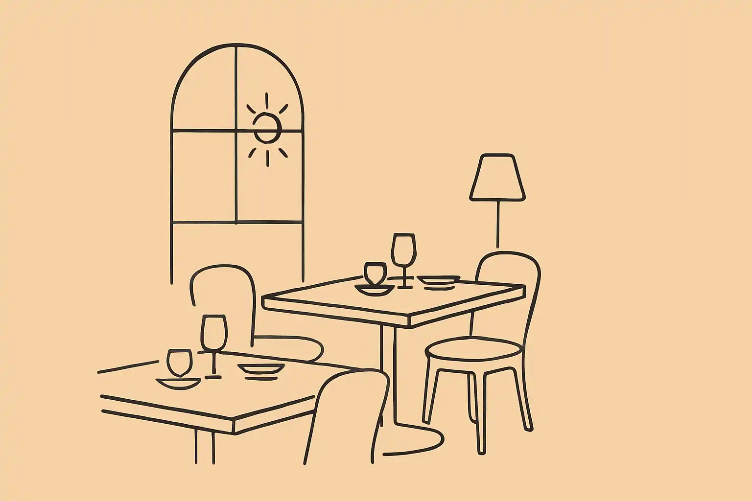 A warmly lit restaurant interior with set tables waiting for guests