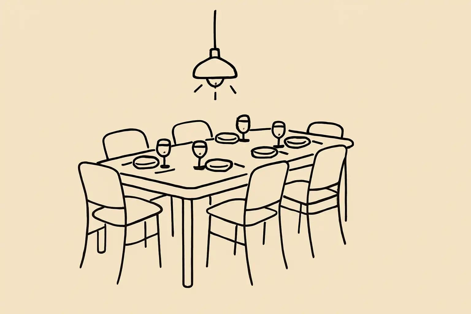 A restaurant table set for a group dinner with several empty chairs