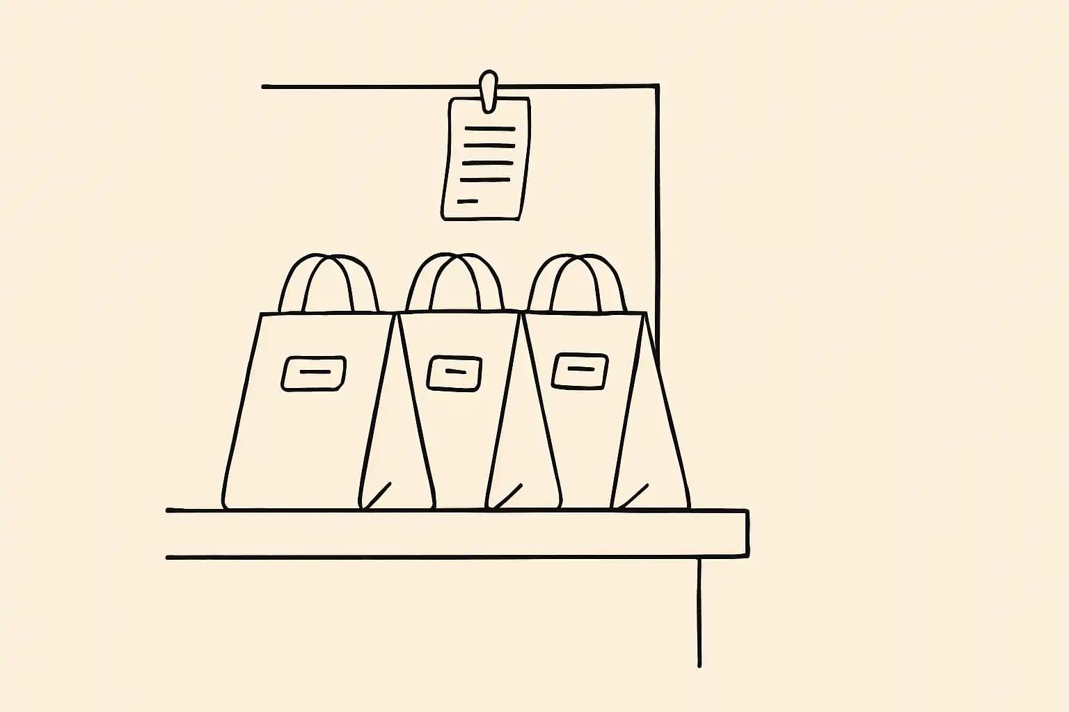 Three takeout bags with name stickers lined up on a restaurant pickup shelf