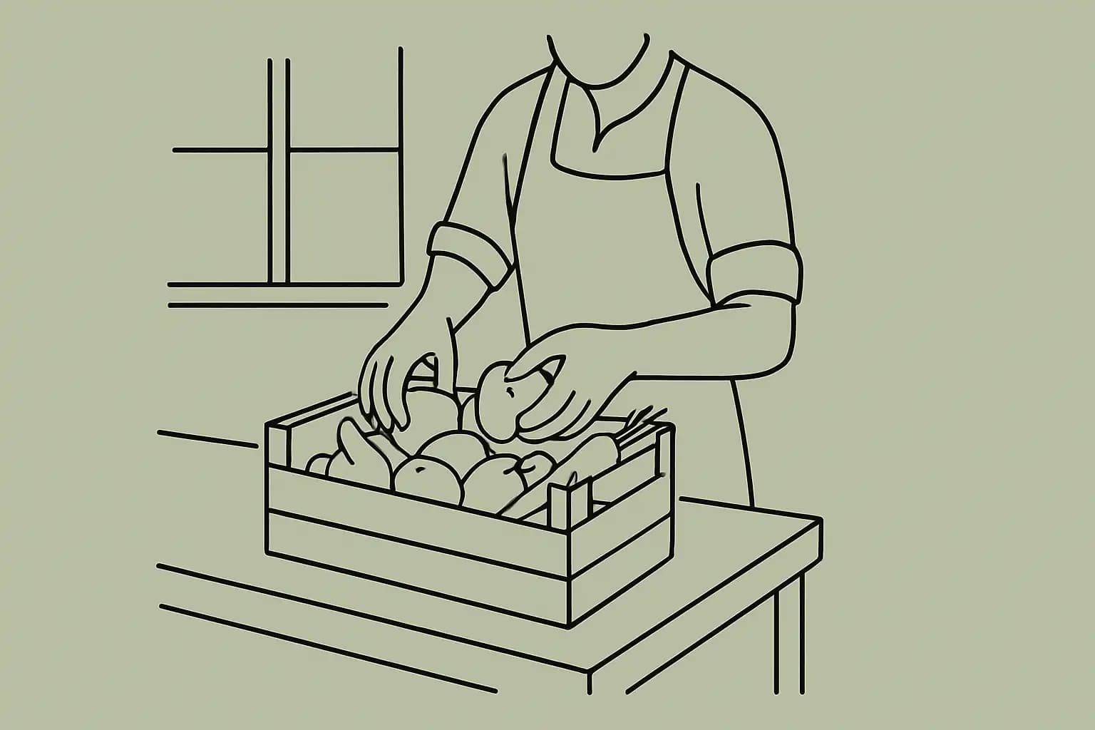 Hands sorting through a crate of fresh produce on a restaurant prep table